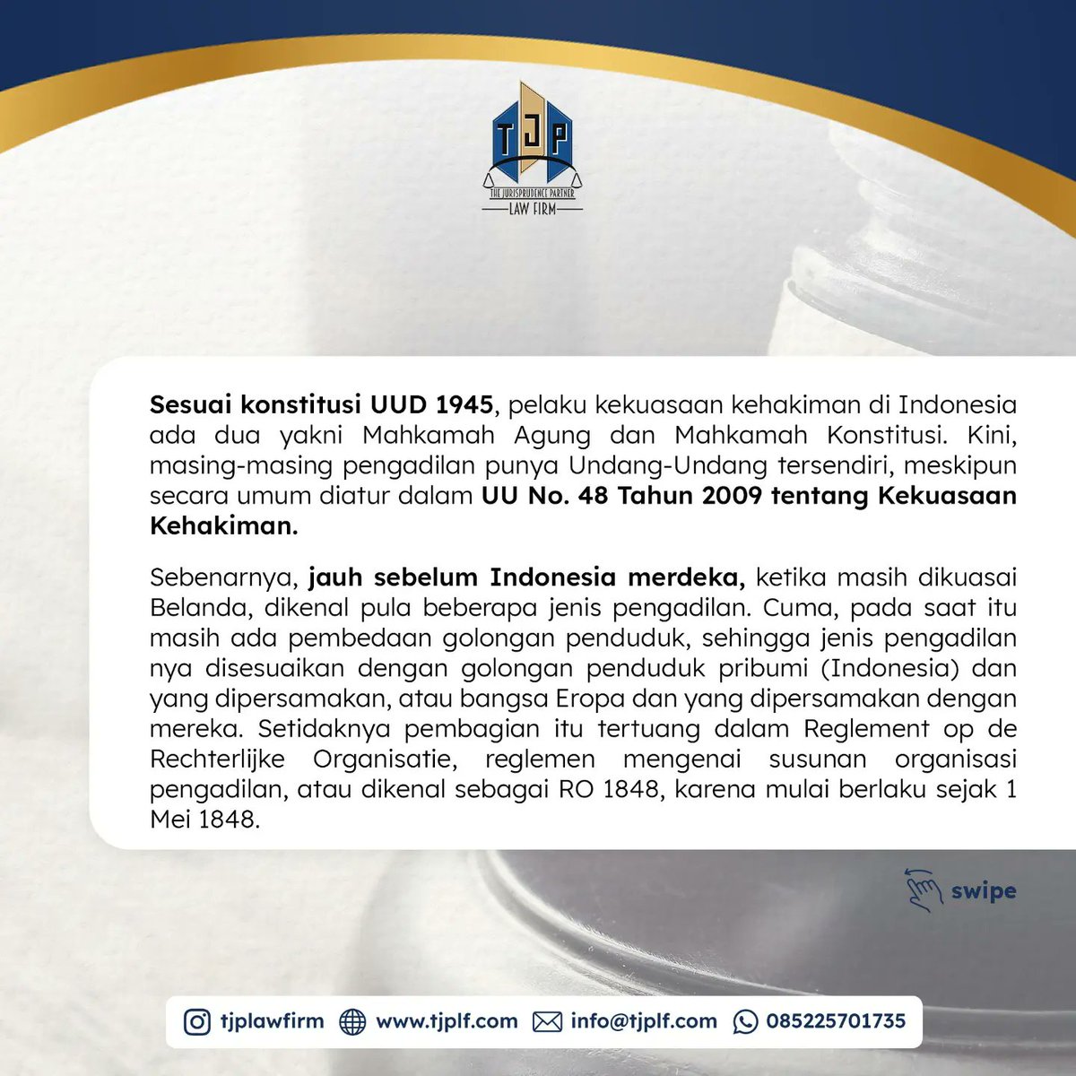 TJPLawFirm's tweet photo. Jauh sebelum merdeka, Indonesia diketahui mempunyai beberapa jenis pengadilan. Simak ulasannya. 

#advokat #lawyer #pengacara #pengadilan #peradilan https://t.co/1oSf02XMOq