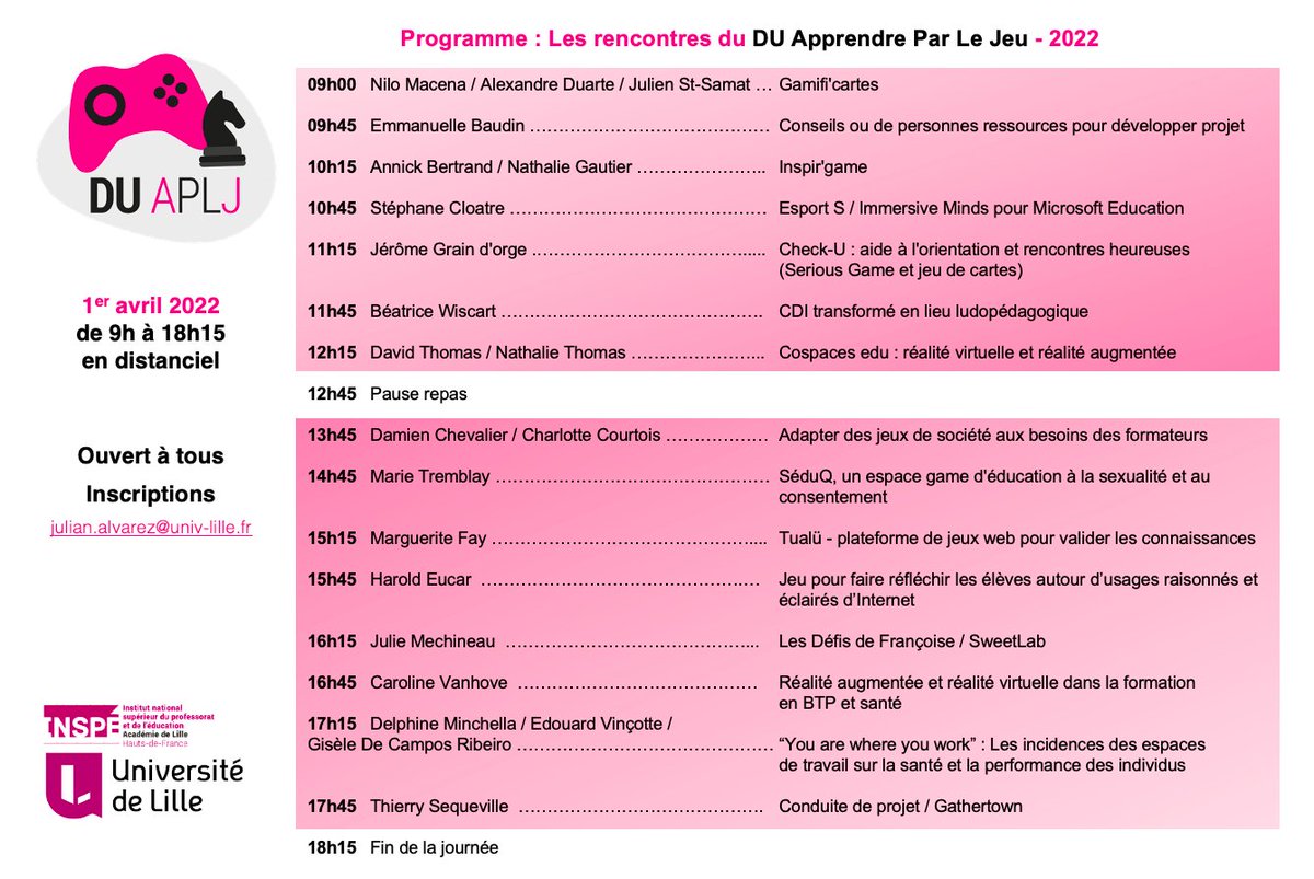 Brtnnc's tweet photo. Les rencontres DU "Apprendre par le jeu" commencent dans quelques minutes. Un programme riche et varié.
@DeCosterSophie1 et moi-même aurons le plaisir de vous présenter notre jeu Inspir'game.
Il est encore temps de nous rejoindre :) #ludopédagogie #APLJ #FormaForm https://t.co/qvRgYaDpOV