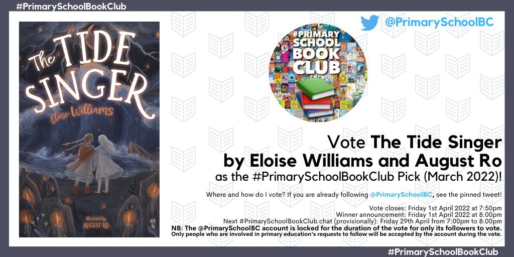 Eloisejwilliams's tweet photo. Vote for me! I'm delighted that The Tide Singer has been included in the #PrimarySchoolBookClub March 2022 vote. Head to
@PrimarySchoolBC and vote for it using the pinned tweet! https://t.co/uH0h6gWXEz