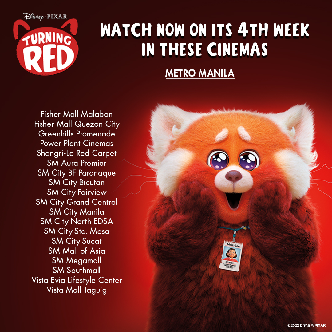 DisneyStudiosPH's tweet photo. Haven't seen #TurningRedPH or can't get enough it? 🕺✨ Get your tickets right here, right now: https://t.co/GJiZvZEd91
Check out the participating cinemas below. https://t.co/i59g7MwwWO