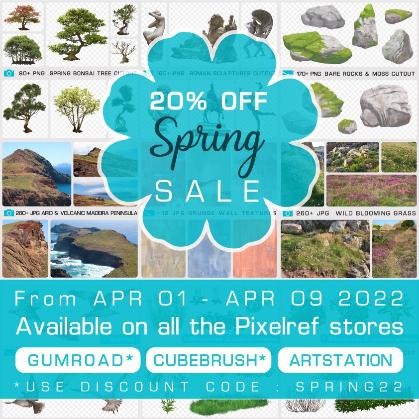 pixelref's tweet photo. To celebrate the beginning of Spring we offer you a new big discount 🌿! Enjoy 20% OFF on all the Pixelref stores during 1 week 💚

GUMROAD : https://t.co/bw86an46KI
ARTSTATION : https://t.co/gowZ41IqaP
CUBEBRUSH : https://t.co/UfflvUziM7 https://t.co/9VaabDmrzJ