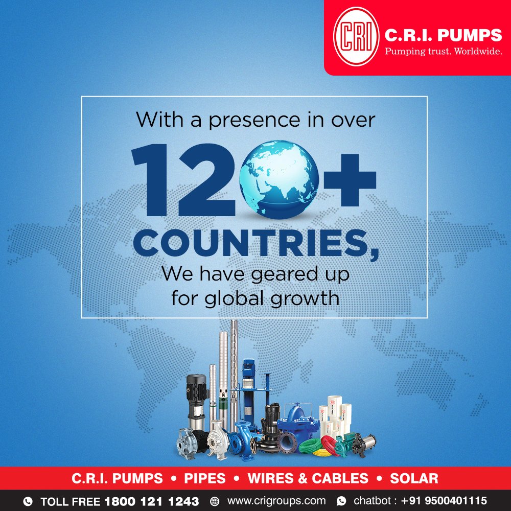 cri_groups's tweet photo. CRI stands for the value of Commitment, Reliability and Innovation. Being one of the world’s fastest growing one stop pumping solution provider, we are proud of serving in more than 120+ countries. 
#CRI #CRIPumps #CRIPipes #Growth #GlobalGrowth #Countries #Service #GlobalService https://t.co/h3SeMGzu3J