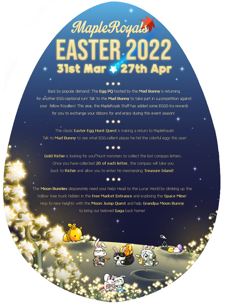 MapleRoyals's tweet photo. It's Easter time in MapleRoyals! Update #78 brings a host of changes as well begins the Easter Events! Egg PQ, Gold Richie, and Moon Bunny's Playground are back once again, with lots of awesome rewards to be obtained, including 1.2x EXP/Drop/Mesos coupons! https://t.co/yyurDuG4wr https://t.co/SCVV6uAccC