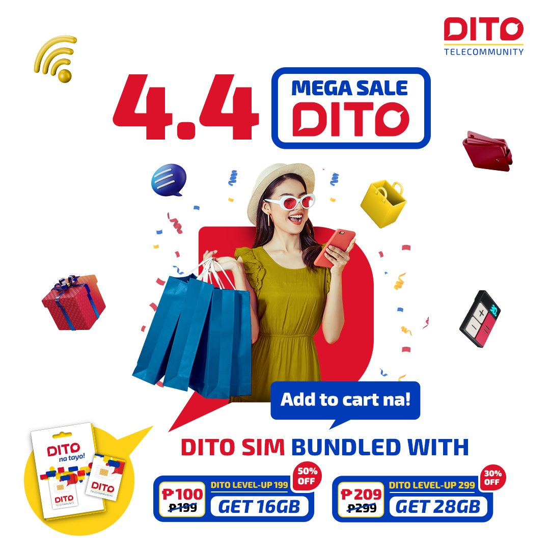 DITOphofficial's tweet photo. Heads up! It’s time to add to cart DITO for 4.4!​

Get DITO Level-Up 199 with 16GB data for P100​ and  299 with 28GB data for P209.​
​
Avail na:​
🧡 Shopee: https://t.co/WmLeFAGLUa​
💙Lazada: https://t.co/6wj6Qg6KZb​

#DITOtelcommunity​ #DITOph​
#DITOsaLazada​
#DITOsaShopee https://t.co/SOypJ0CPFe