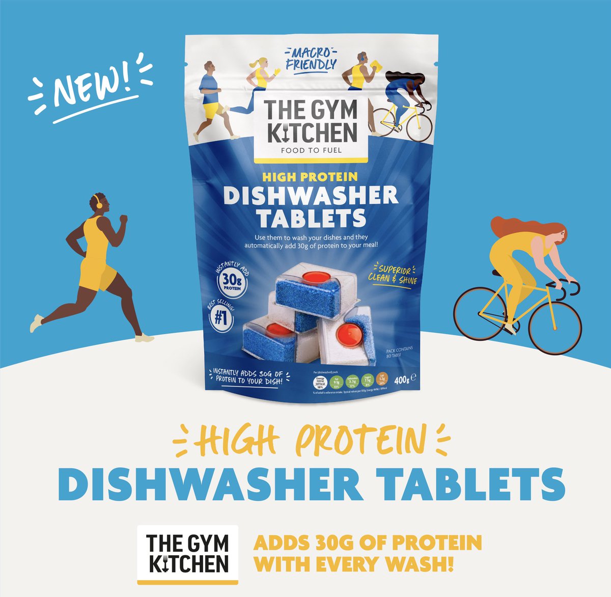 thegymkitchen's tweet photo. We are sooo excited to announce our NEW HIGH PROTEIN DISHWASHER TABLETS are available in stores now 🥳⁠

✅ Automatically adds 30g protein to your dish after each wash ⁠
✅ Low in fat ⁠
✅ Fantastic clean finish ⁠
⁠ https://t.co/XOOWOKXcNG