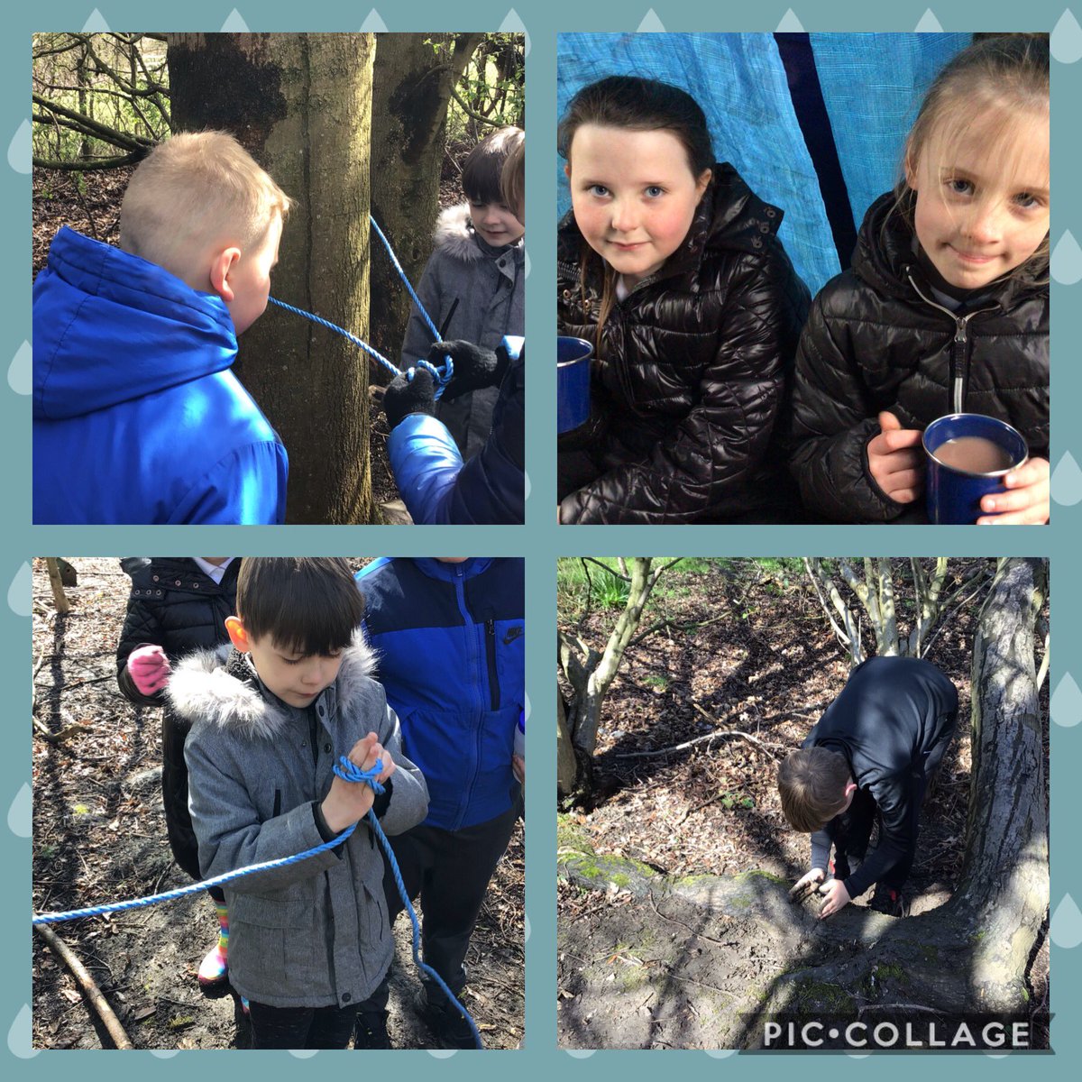 CatcliffePS's tweet photo. We wrapped up warm and went out in the snow for yesterday’s #forestschool session! We learnt how to tie knots, built shelters and had some hot chocolate to keep us warm! @SuperSquirrels_  #learningoutdoors #freezing #hotchocolate https://t.co/UvGF6w6azm