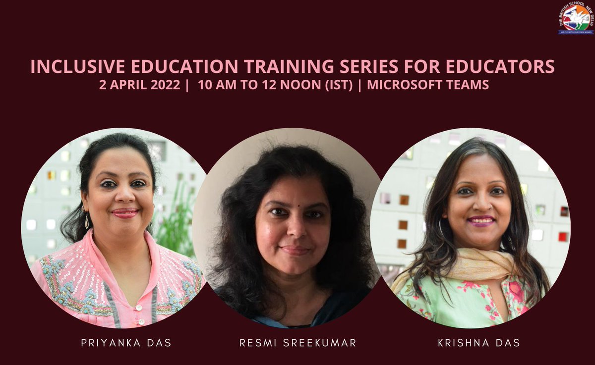 Our teachers Priyanka Das, Resmi Sreekumar and Krishna Das are looking forward to seeing you tomorrow at the Inclusive Education Training tomorrow to share classroom strategies for supporting students with special needs! <a href="/tbsdelhi/">tbsdelhi_SEN</a>  @DasKrishna2020 <a href="/Sreekumar_Resmi/">ばねっと</a> #TeamTBS
