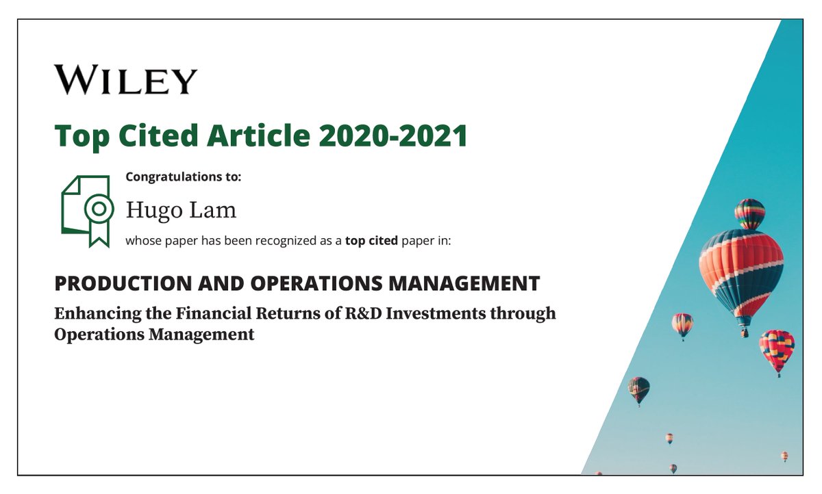 Happy to learn that our paper (co-authored with Daphne Yiu, Andy Yeung, and Edwin Cheng) published in @PomsSociety in 2020 has been recognized as a Top Cited Article in 2020-2021. Thanks to all colleagues who cited our paper!