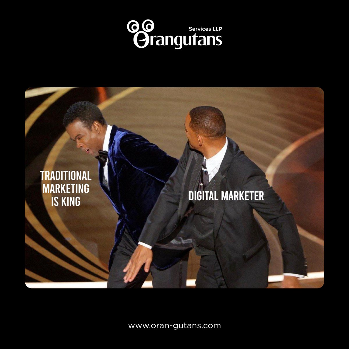 Orangutansllp's tweet photo. Traditional marketing is telling the world that you're a rock star,
Digital Marketing is showing the world that you are one.
#orangutansllp #digitalmarketingagency #marketingmemes
#digitalmarketingmemes #digitalmarketing #willsmithslap https://t.co/YcN2eK425Z