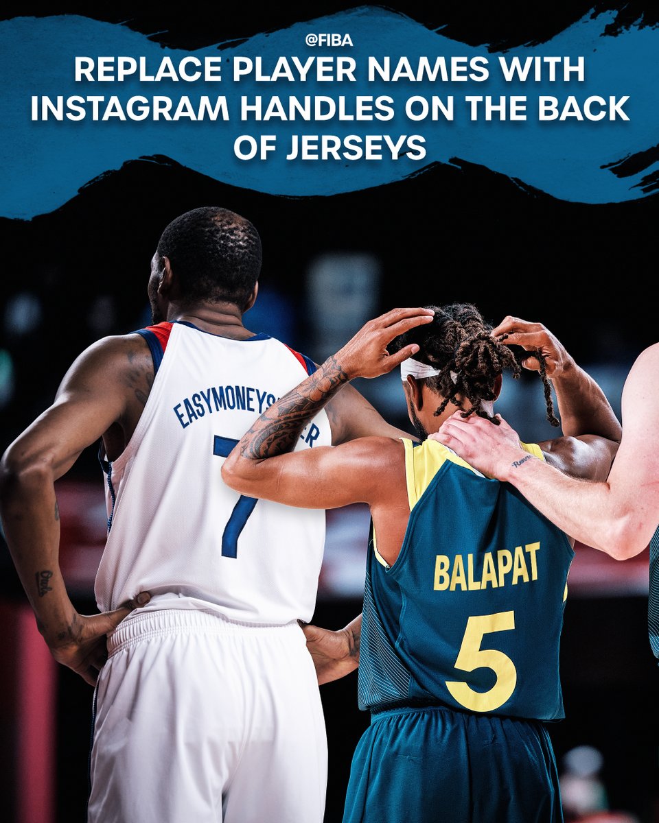 FIBA's tweet photo. Replacing player names with Instagram handles on the back of jerseys. 📸 🤳 https://t.co/eguQywxD9T