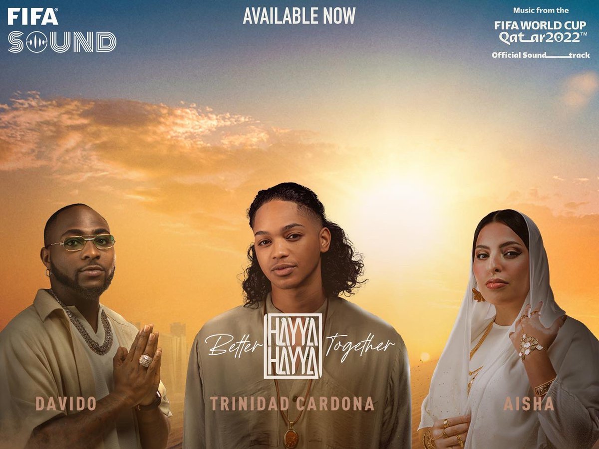 .<a href="/davido/">Davido</a> is featured on the FIFA World Cup Qatar 2022 official soundtrack 

The Nigerian hitmaker is featured on the song titled “Hayya Hayya” with <a href="/TrinidadCMusic/">Trinidad Cardona</a> and <a href="/aishaofcl/">Aisha</a>
