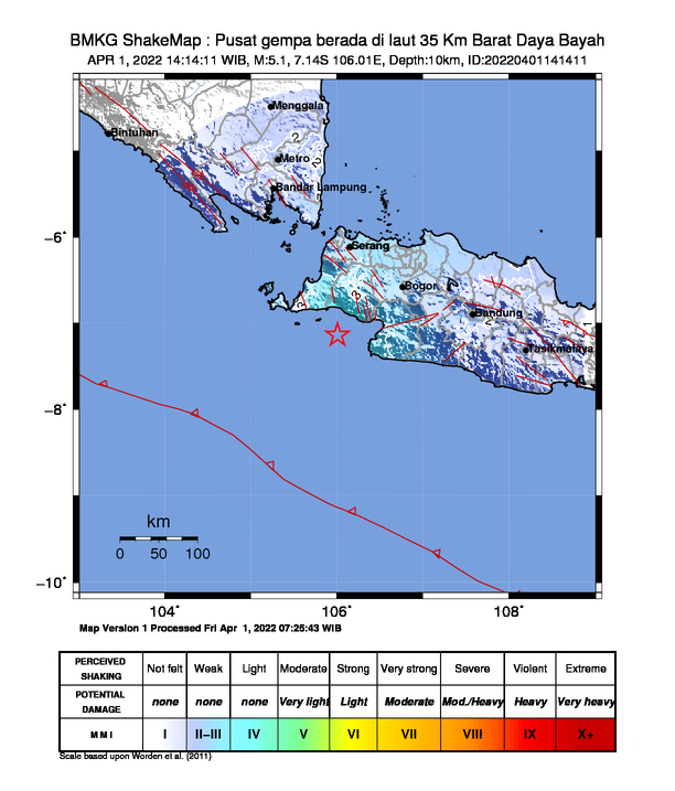#Gempa Mag:5.1, 01-Apr-22 14:14:11 WIB, Lok:7.14 LS, 106.01 BT (Pusat gempa berada di laut 35 Km Barat Daya Bayah), Kedlmn:10 Km Dirasakan (MMI) IV Pelabuhan Ratu , II-III Panggarangan, II-III Tanjung Lesung, II Jakarta, II Tangerang Selatan, II Tangerang #BMKG