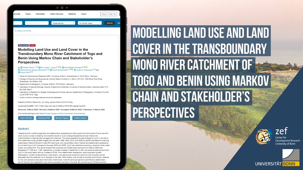 ZEFbonn's tweet photo. ++New article!++ on land use land cover changes; random forest technique; Markov chain; stakeholder perspective; Mono River catchment #Togo #Benin #cropland
➡️Read article here: https://t.co/xHdhdzEiPh
@UniBonn #Climafri @GIUB_Research @UniveLomeTg @wascalclimate @uacbenin https://t.co/RqPW1CLCST