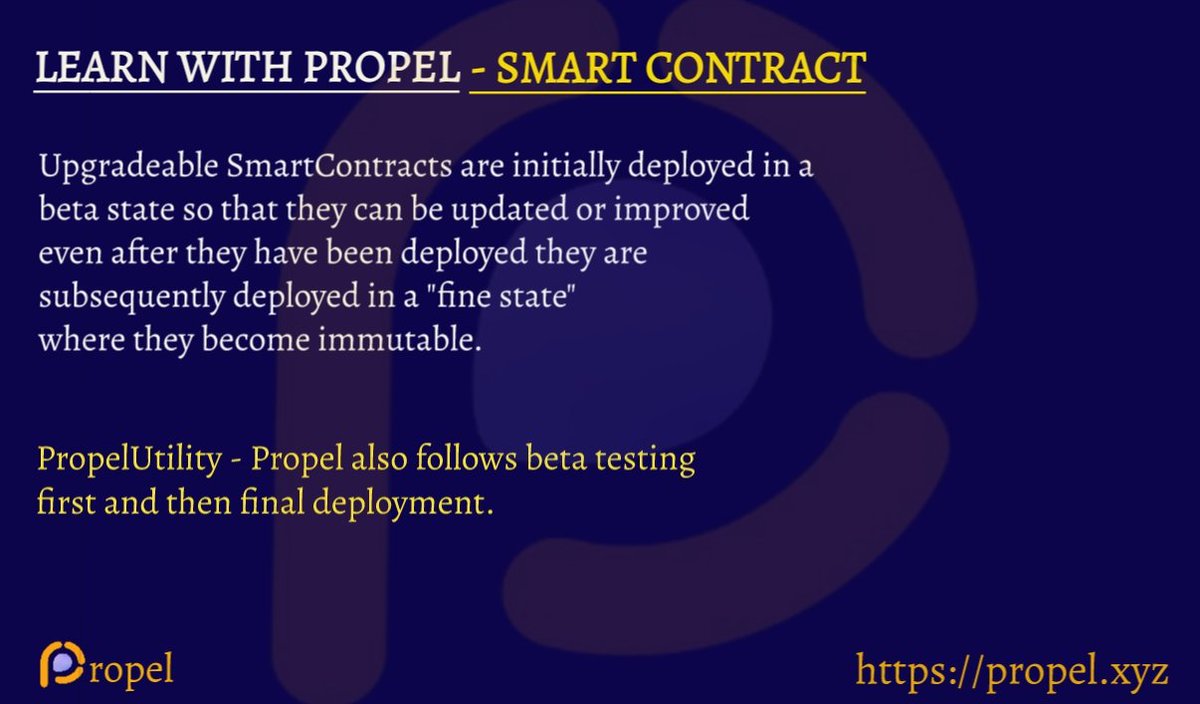FMkomol's tweet photo. #Upgradeable #SmartContracts are initially deployed in a beta state so that they can be updated or improved.
#PropelUtility - Propel also follows beta testing first and then final deployment as a standard process for accurate results.
#SmartContract #PropelXYZ #NFTs #DeFi #PEL https://t.co/g7t0krjMgE