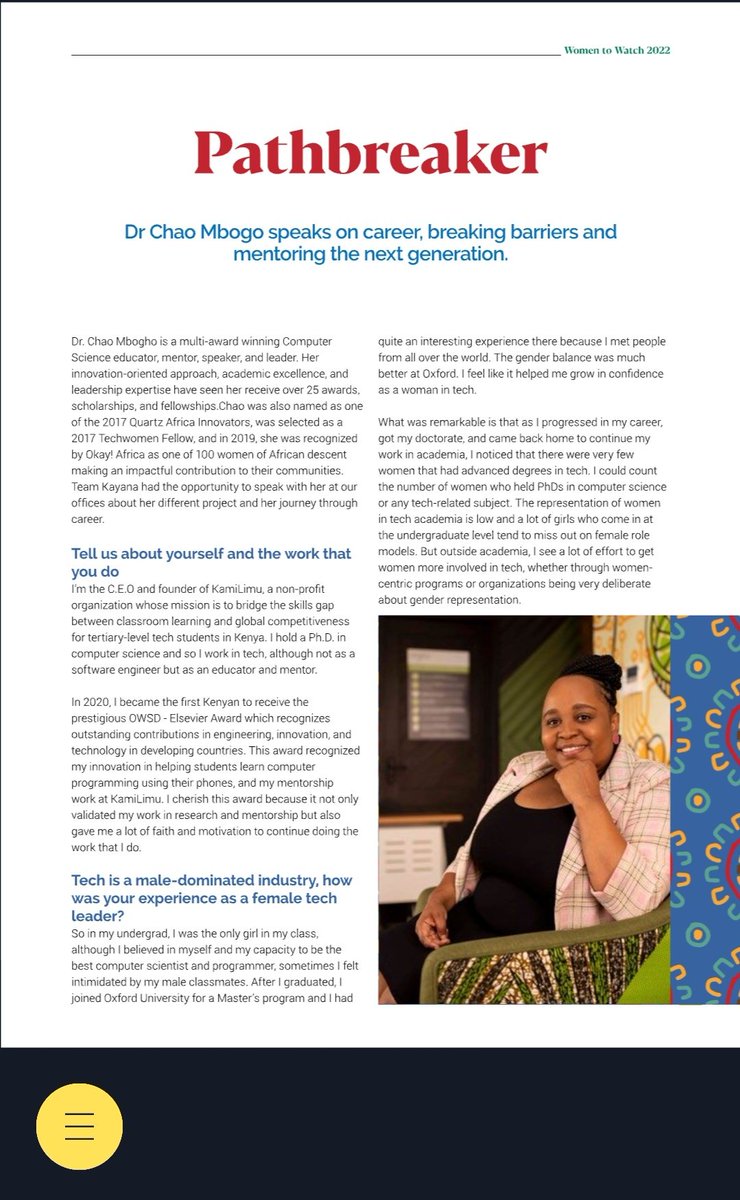 chao_mbogho's tweet photo. I'm deeply honoured to be recognized by @kayana_kenya as a 2022 Woman to Watch. 😀

Kayana do such amazing work to support women in leadership &amp; entrepreneurship.

In this really well done magazine, you'll find the full feature in pg 8-11 via link. https://t.co/O0AMJ6SCUD https://t.co/ReihXxpJ2t