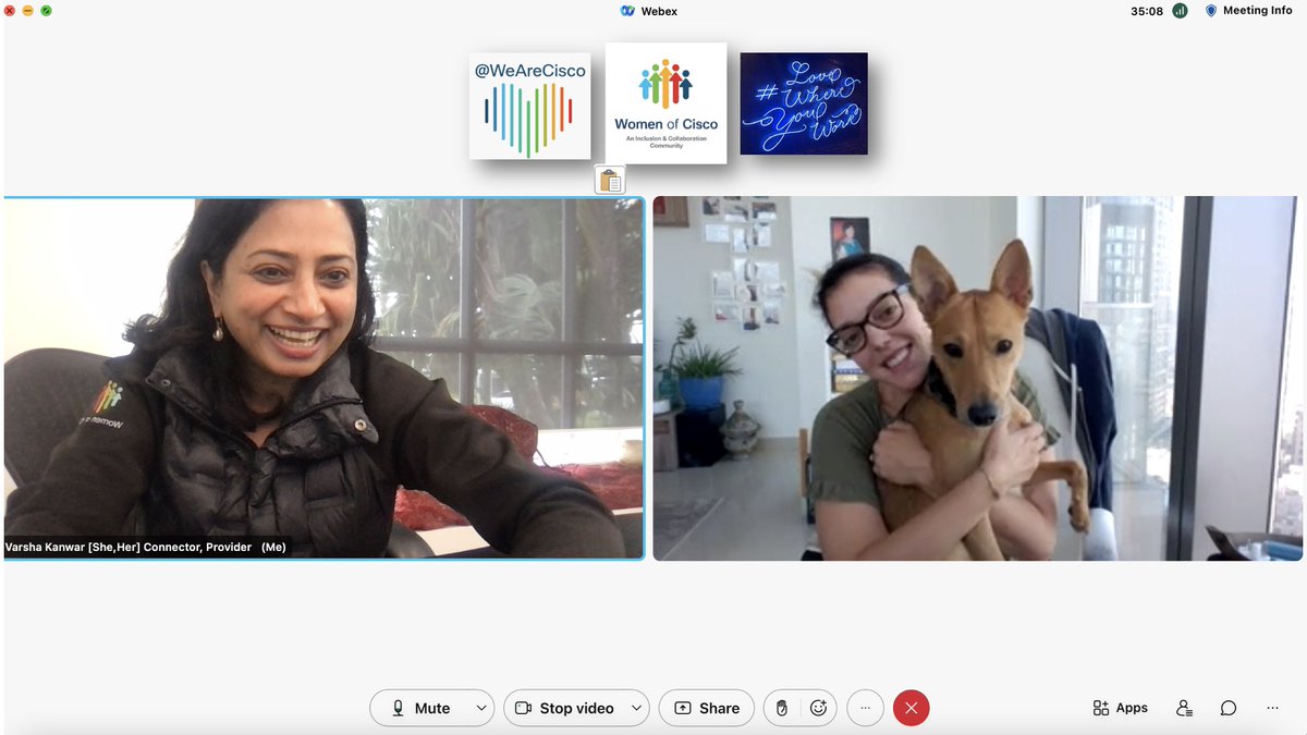 VarshaKanwar's tweet photo. A #FriYaY ๐ wrap to the week with our fur babies ๐ถ keeping us accountable for โtime to walkโ break. Scooby too loves #LifeOnWebex as he made friends with Hank in the U.S & Benfica in Dubai. Thank you @tashaklares and @MissilhamD for your sisterhood. #WeAreCisco #WomenOfCisco https://t.co/qbow37weyV