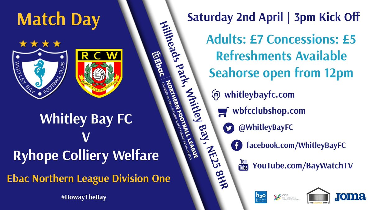 TvBaywatch's tweet photo. TOMORROW IS MATCH DAY

⚽ @WhitleyBayFC v @RyhopeCW

Get yourselves along to Hillheads Park
KO 3PM 

SEAHORSE OPEN FROM 12PM 

Grab an early bird 🍺 or 2

#HowayTheBay https://t.co/0NyuIyDOvy