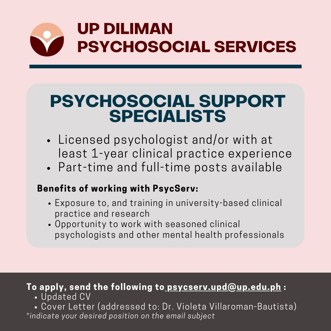 UPDPsycServ's tweet photo. PsycServ is hiring! Weโre looking for Psychosocial Support Specialists, Project-based Research Associates, and Project Assistants. Working with PsycServ opens doors of opportunities to improve oneself and work with seasoned clinical psychologists and mental health professionals. https://t.co/oauqHqIzAW