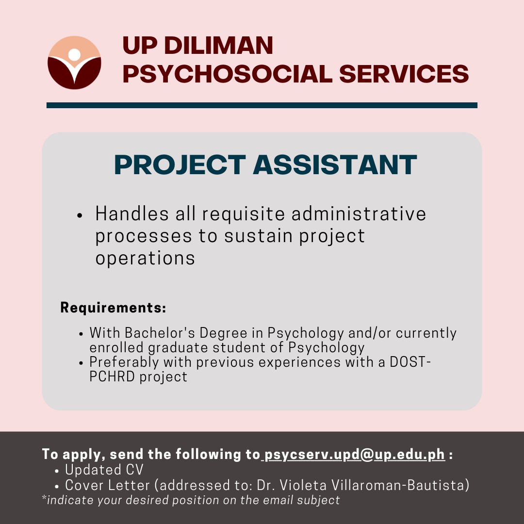 UPDPsycServ's tweet photo. PsycServ is hiring! Weโre looking for Psychosocial Support Specialists, Project-based Research Associates, and Project Assistants. Working with PsycServ opens doors of opportunities to improve oneself and work with seasoned clinical psychologists and mental health professionals. https://t.co/oauqHqIzAW