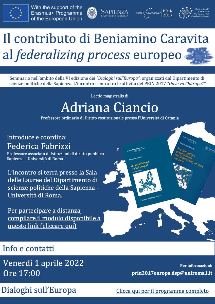 DiSpSapienza's tweet photo. 🇪🇺 Oggi pomeriggio alle 17 in Sala Lauree si terrà il convegno in memoria del prof. #BeniaminoCaravita. Info e partecipazione 👇🏻 #DialoghiUE https://t.co/66D7igCqVI