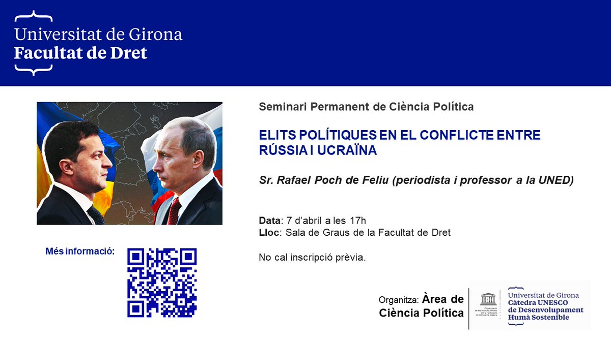 cpoliticaudg's tweet photo. 🔴🔴Canvi de data! El seminari "Elits polítiques en el conflicte entre Rússia i Ucraïna", amb Rafael Poch, tindrà lloc el 7 D'ABRIL 🗓️ https://t.co/qlr1ZYNgA6