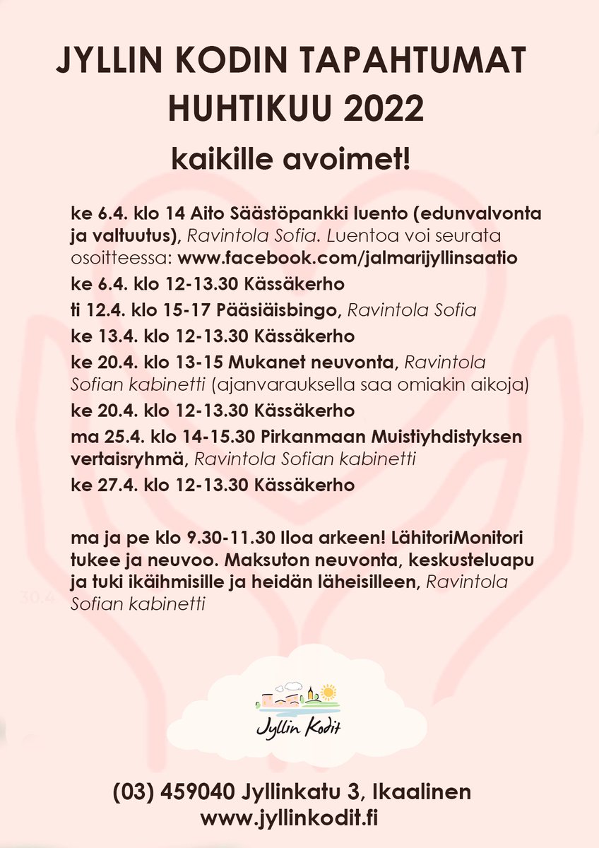 JyllinK's tweet photo. Jyllin Kodin kaikille avoimet tapahtumat huhtikuussa 2022. https://t.co/O6UQQIq1cb