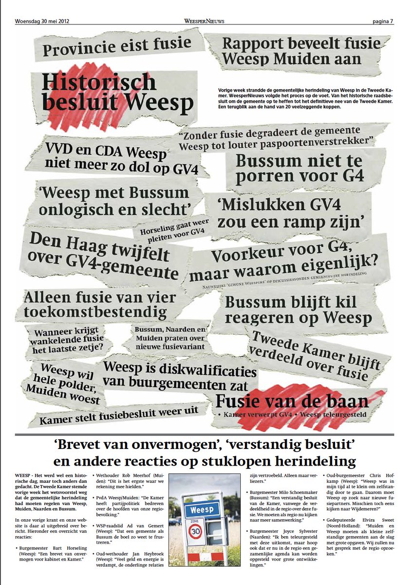 10 jaar geleden: 20 veelzeggende krantenkoppen nadat het definitief mis ging met de fusie Weesp Muiden Naarden Bussum.