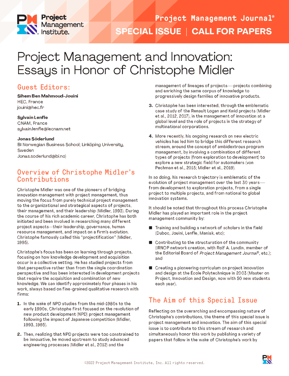 PMJ_editors's tweet photo. #CallForPapers "Project Management and Innovation: Essays in Honor of Christophe Midler" @ChMidler paved the way for studies linking innovation management with project management. We celebrate his contribution with this SI. Feel free to contact guest editors to discuss your idea! https://t.co/Scq4nyVc6K