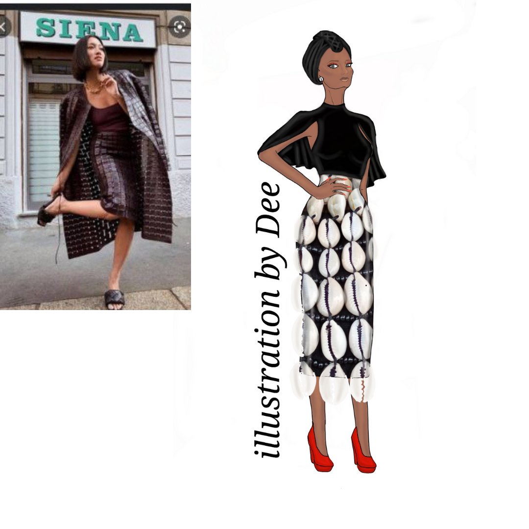Hardeydee7's tweet photo. Illustration inspired by Bottega veneta leather woven skirt and jacket, cowrie and turban headgear was incorporated to give an afrocentric feel
#tdpn22 #thedesignprojectnaija https://t.co/Tj3poPpJRi