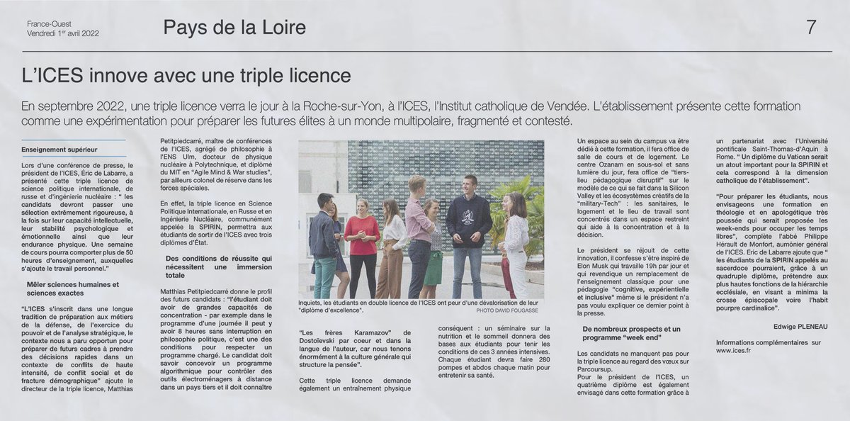 FORMATION - L’ <a href="/ICES_UnivCatho/">ICES - Institut Catholique Vendée</a> innove une nouvelle fois avec une Triple Licence !
Ouverture en sept. 2022 de cette formation ayant pour objectif de mêler sciences humaines et sciences exactes... #Université #Vendée #paysdelaloire #licence #parcoursup2022