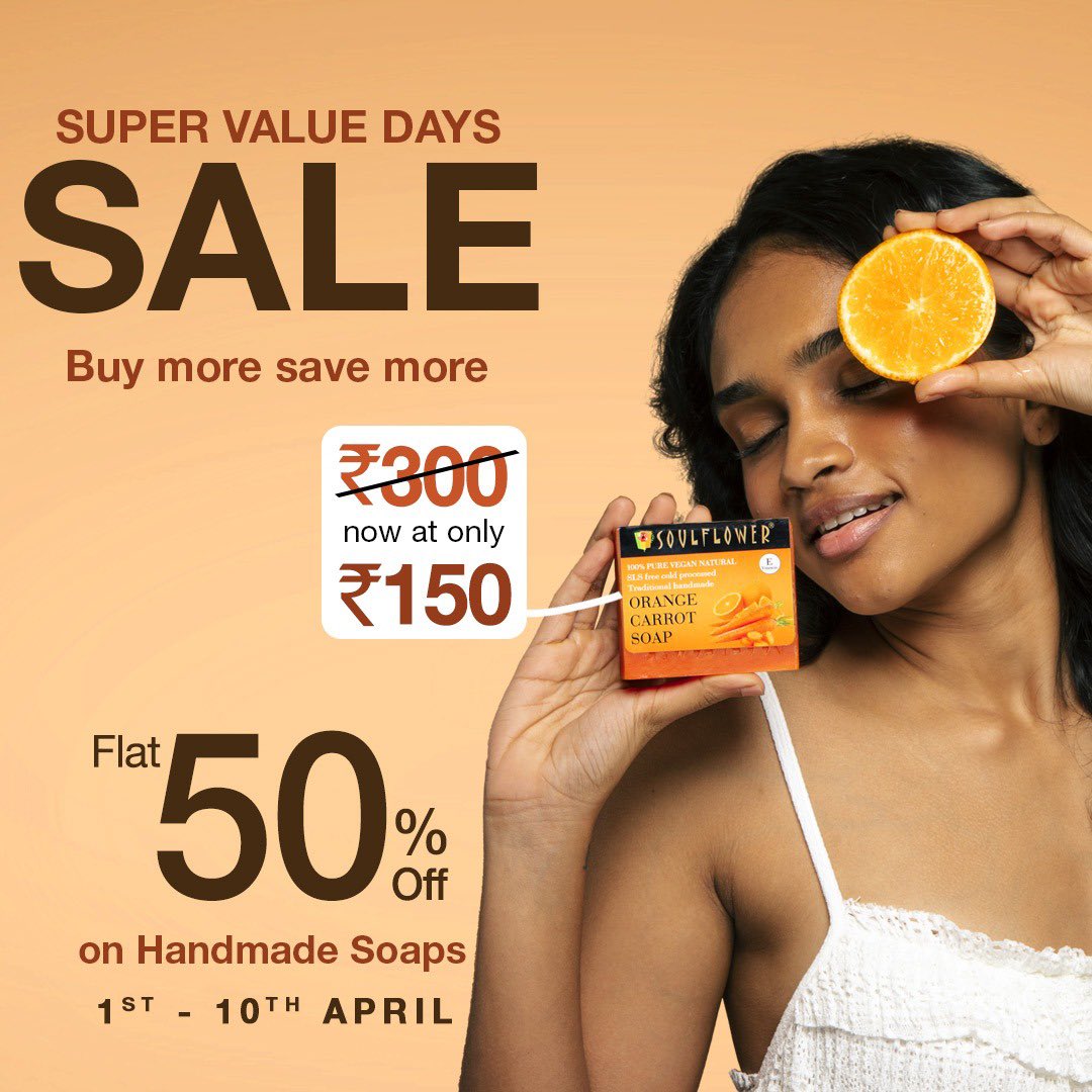 besoulflower's tweet photo. 50% OFF on Handmade Soaps 🧼
It's time to chase the sun! Summer’s first hurray is finally here 🥳
50% OFF - on all your favourite Soulflower soaps! bid adieu to all your summer concerns! 👋🧼
#soap #SoapsForAll #handmade #cleanbeauty #farmtoface https://t.co/Z5hSllHwyo