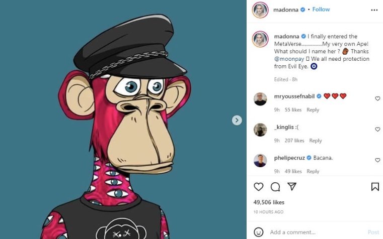 LetsNFT007's tweet photo. Iconic singer/songwriter and actress Madonna joined the proud ranks of “ape holders” today, flaunting on Instagram a Bored Ape Yacht Club (BAYC) non-fungible token (NFT) she purchased for about $560,000 via fintech firm MoonPay. https://t.co/oP8h2rAu5w