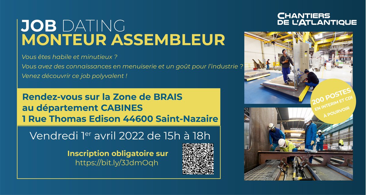 📢Cet après-midi, à compter de 15h00, job-dating au Département Cabines des Chantiers de l'Atlantique 🛳️⚓️(Zone de Brais, 1 rue Thomas Edison, 44600 ST NAZAIRE). 2⃣0⃣0⃣ postes Monteur Assembleur à pourvoir!👌🔝 inscription obligatoire sur bit.ly/3JdmOqh
