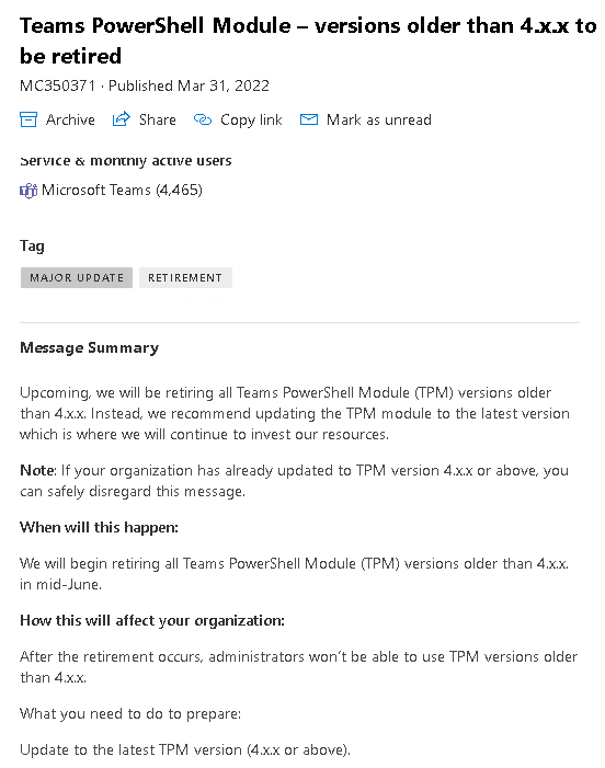 ThomasGalland12's tweet photo. Teams PowerShell Module – versions older than 4.x.x to be retired
MC350371 · Published Mar 31, 2022

please take care about the update, cause there are a lot of changes in the new powershell modules. 
https://t.co/mVrFQI7jql https://t.co/Khr8Z5L7RM