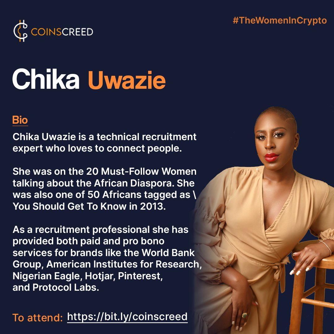 coinscreed's tweet image. April 2nd is almost here! 😄

Your weekend is not complete without our crypto session with Chika Uwazie (@ChikaUwazie).

Follow this link to set a Reminder bit.ly/coinscreed 

#womenincryto #womeninweb3 #womeninnft #womeninbusiness #womenintech #womeninstem #AfricanWomen