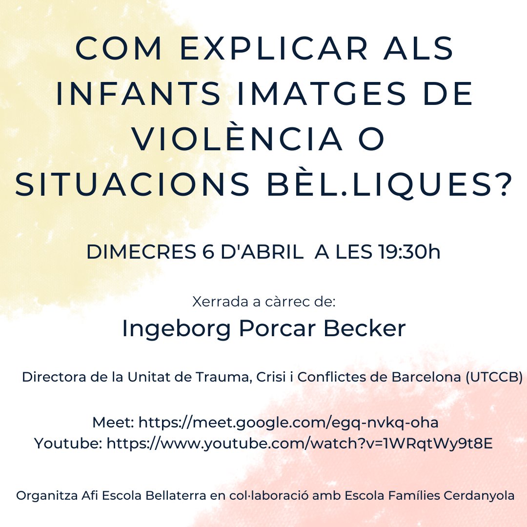 P_A_Cerdanyola's tweet photo. Segueix a bon ritme aquesta fantàstica programació de xerrades per a famílies, apunteu:
📅 6 d'abril 
⌚19.30h
Format online
Un tema desgraciadament d'actualitat ara...No us ho perdeu!! 

#EscolaFamiliesCerdanyola https://t.co/PXjasKm4KH