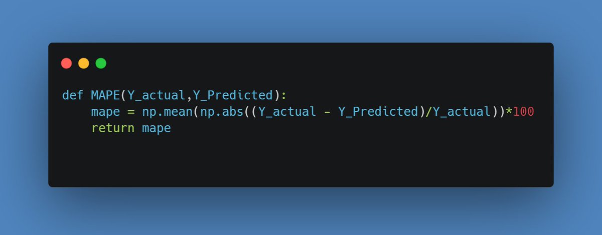 Bandara_99's tweet photo. #Python #Statistics #MAPE #100daysofcodechallenge 

Mean Absolute Percentage Error in python. https://t.co/d79pbWRuzB
