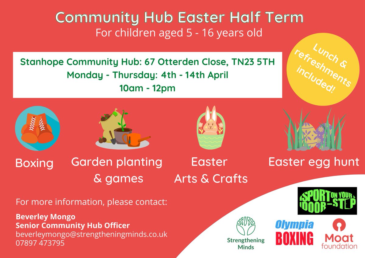 Check out the #easter activities being held at the <a href="/MoatFoundation/">Moat Foundation</a> community hubs this half term!

Please click on the link below to register for our limited spaces:

form.jotform.com/220272580029349

<a href="/moathomes/">Moat</a> <a href="/StrMinds/">Strengthening Minds</a>
