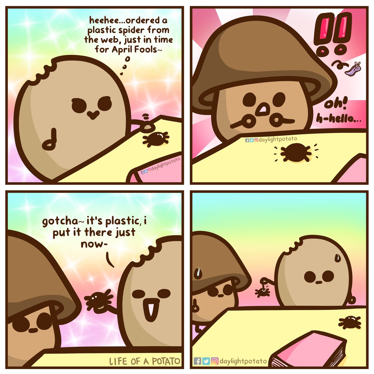 O m g

#prank #aprilfools #AprilFoolsDay #AprilFoolsDay2022 #pranks #bestpranks #spider #potato #webcomic #comic #comics #mushroom #dailycomic #comicart #cuteart #cuteness #kawaii #funny #friendshipgoals #relatable #ArtistOnTwitter #digitalart #originalcharacter #originalart