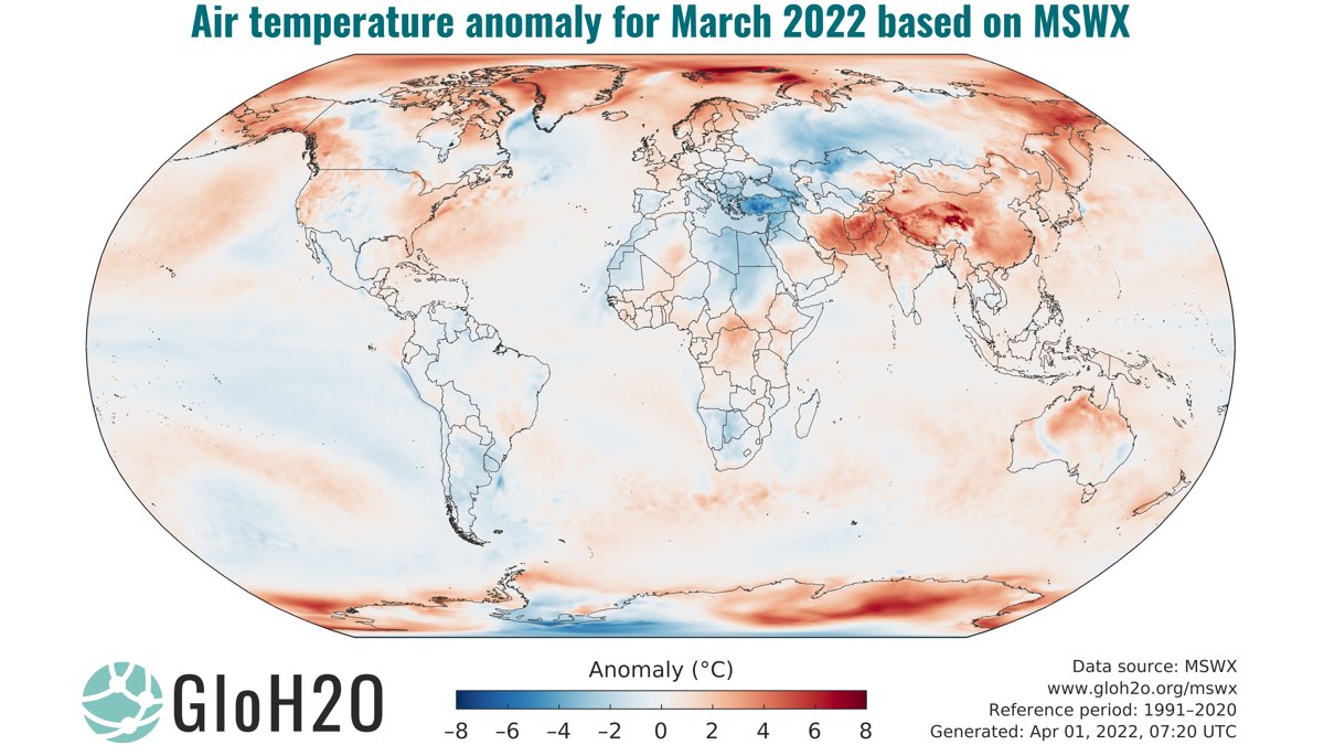 The global average air temperature for March 2022 was 0.40 °C above the 1991–2020 average. This may not seem like much, but compared to such a recent period (1991–2020), it is quite significant!