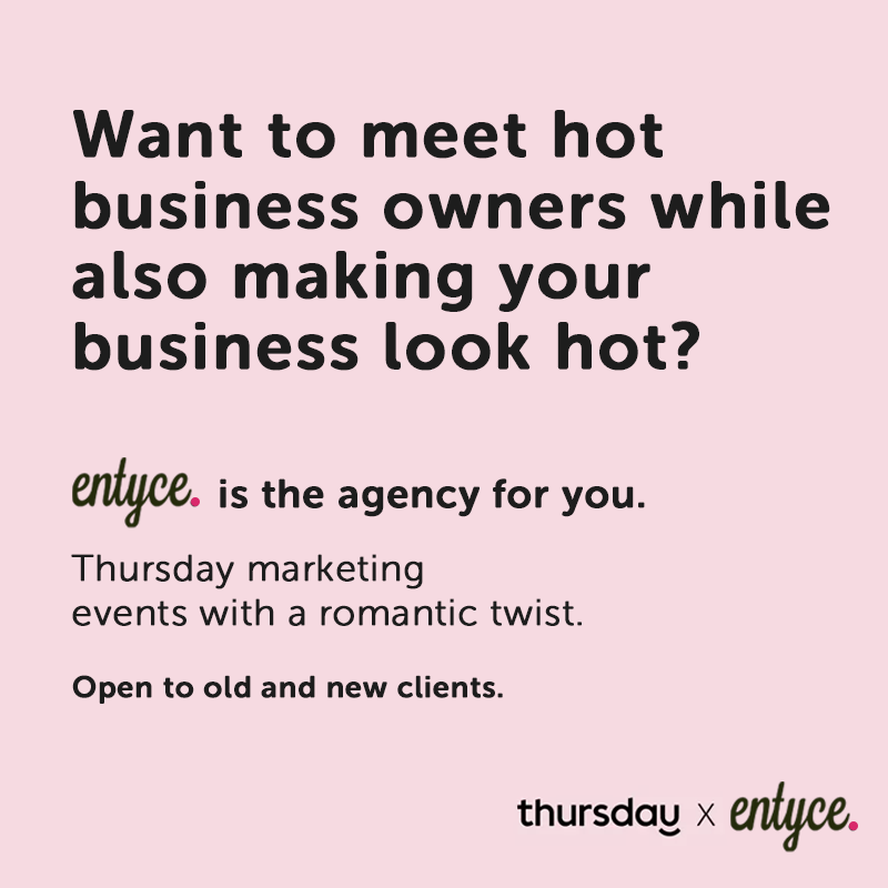 EntyceCreative's tweet photo. We have teamed up with the world’s hottest dating app, @thursdaydating!

We're providing an opportunity to bring our lovely clients together for a new marketing/dating event, only on Thursdays! 💗

Sign up here! 👉 https://t.co/skZaaiivSA

#Partnership #ThursdayDating https://t.co/o5otuPiFJp