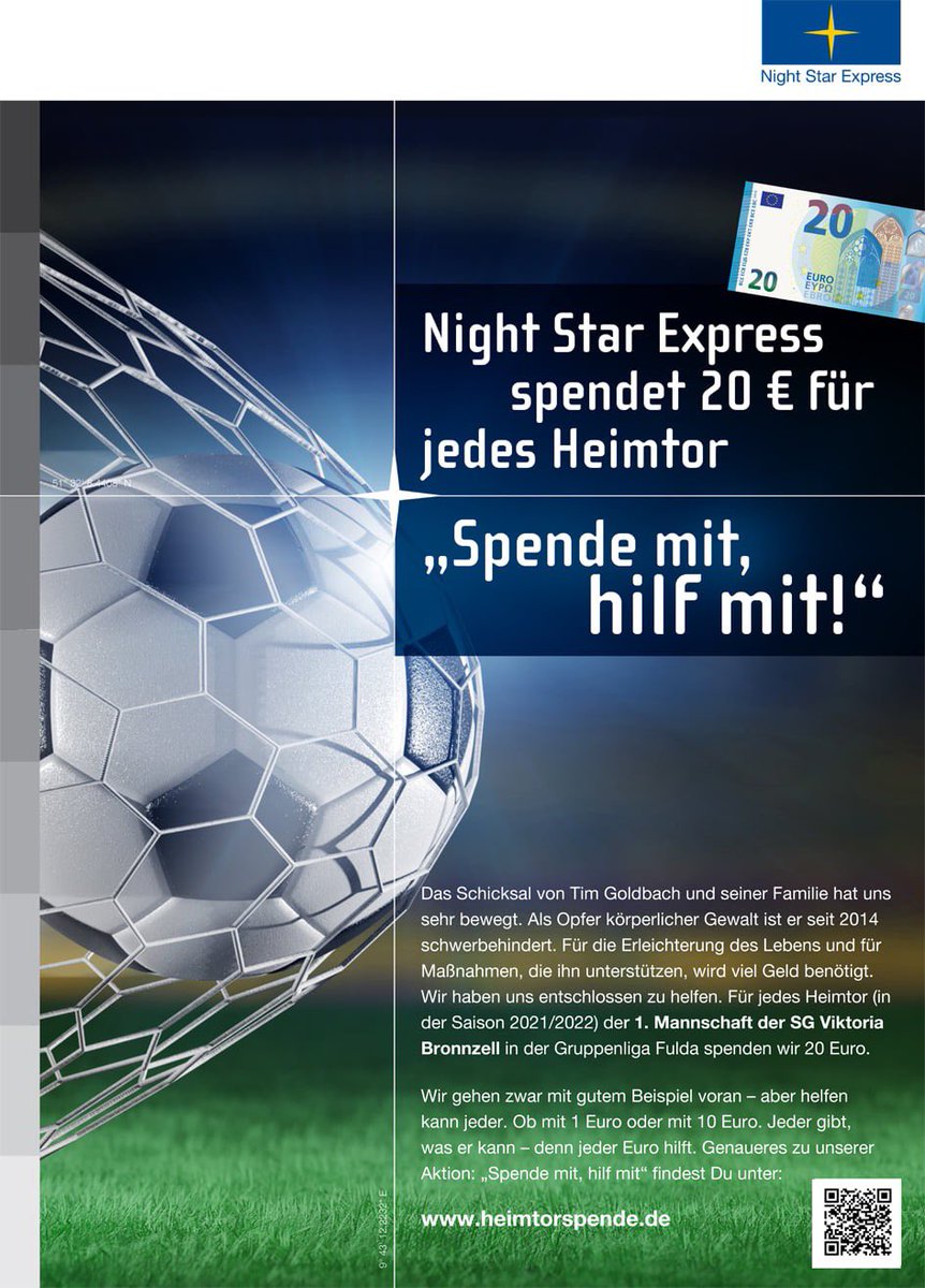 Die Rückrunde hat begonnen und am Wochenende hat die Mannschaft des SG Viktoria Bronnzell ihr erstes Heimspiel. Wir drücken die Daumen für viele Tore!

Alle Infos: night-star-express.de/de/mediathek/a…

#nightstarexpress #nightstar #nachtexpress #heimtorspende #spende #timgoldbach