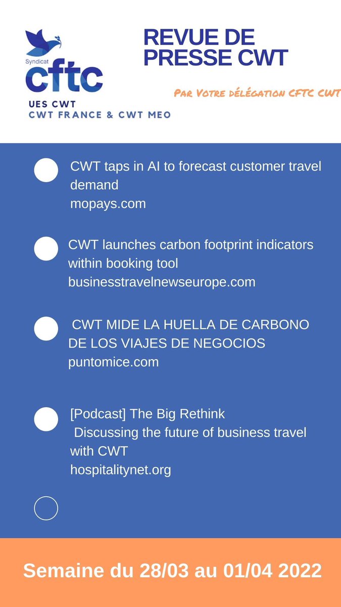 CftcCwt's tweet photo. Salariés de #CWTFrance et #CWTMEO rejoignez le Groupe WhatsApp « Infos CFTC CWT » et recevez - entre autre - la revue de presse internationale hebdomadaire de CWT avec liens vers les articles parus https://t.co/PQewWxyLss