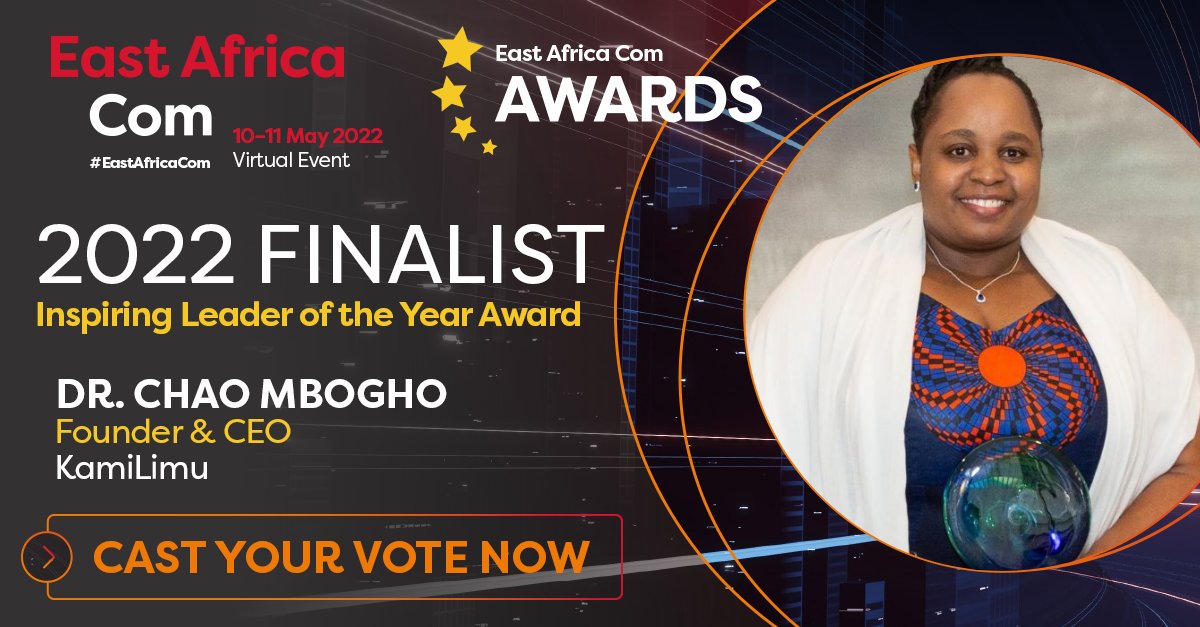 4. <a href="/chao_mbogho/">Dr. C</a>, Founder &amp; CEO, <a href="/KamiLimu/">KamiLimu</a>

Dr. Chao Mbogho is a founder, mentor, innovator, educator and one of the few Kenyan women with a PhD in Computer Science.

Vote for Dr Chao: spr.ly/6018KQnXY

#africanleaders #africatech #FemaleLeadership