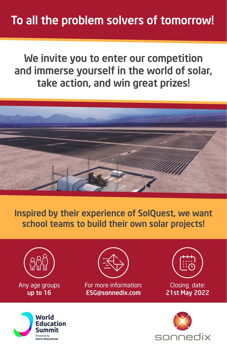 Sonnedix's tweet photo. To all the problem solvers of tomorrow! Enter our competition and immerse yourself in the world of solar, take action, and win great prizes! Inspired by Sonnedix #SolQuest experience, we want school teams to build their own solar projects to build a #BrightFuture!
#WorldEdSummit https://t.co/vcmDjniE4m