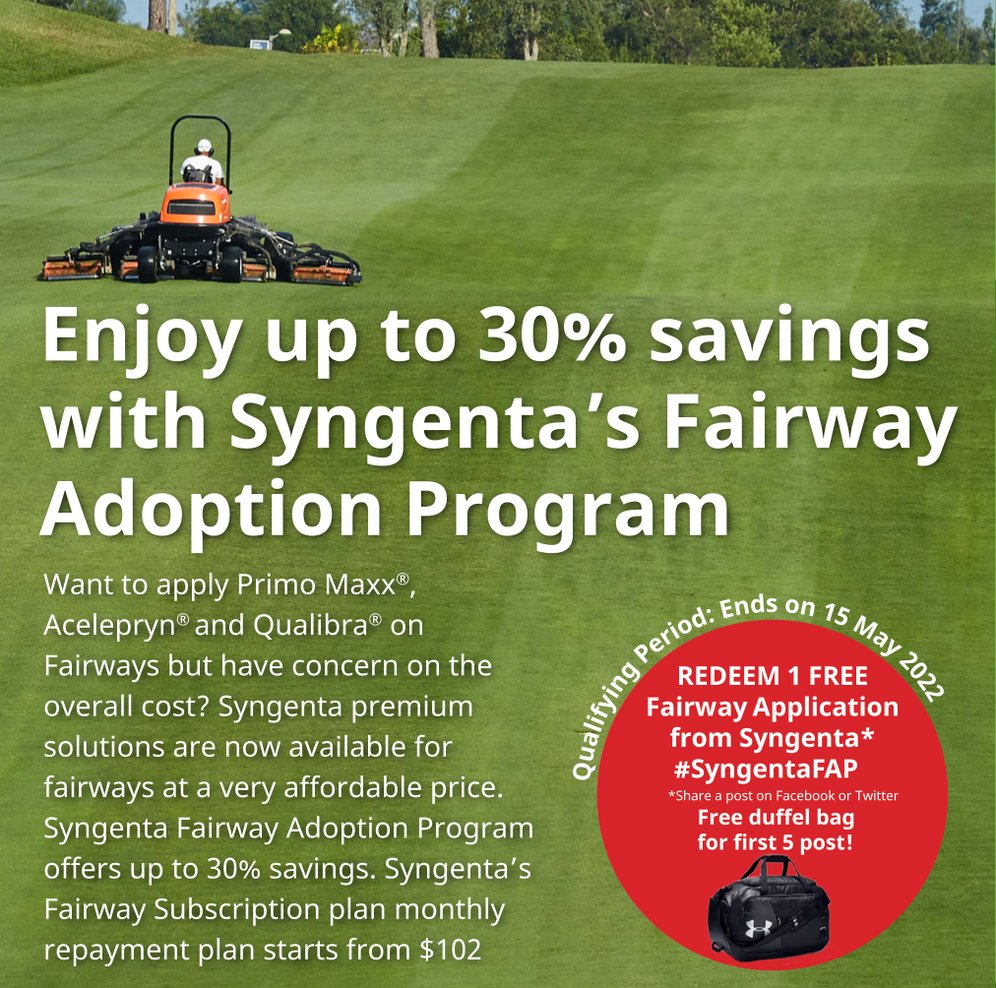 SyngentaTLAsia's tweet photo. Don’t miss out on the chance to enjoy up to 30% off Syngenta’s premium products - PRIMO MAXX®, QUALIBRA®, ACELEPRYN®.

Sign up for the Syngenta Fairway Adoption Program:  https://t.co/i9gC6stBmC https://t.co/38oygIInef