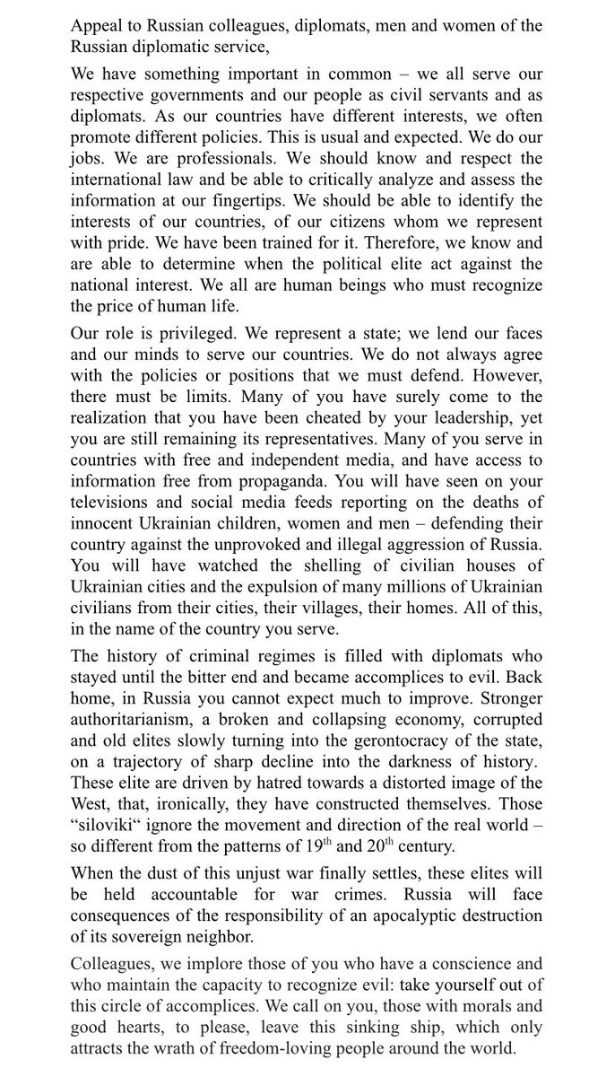 CzechMFA's tweet photo. 🇨🇿 Appeal to Russian colleagues, diplomats, men and women of the Russian diplomatic service. 

Colleagues, we implore those of you who have a conscience and who maintain the capacity to recognize evil: take yourself out of this circle of accomplices. 
#StopPutinsLies 

Appeal ⬇️ https://t.co/dumWJcT8o8