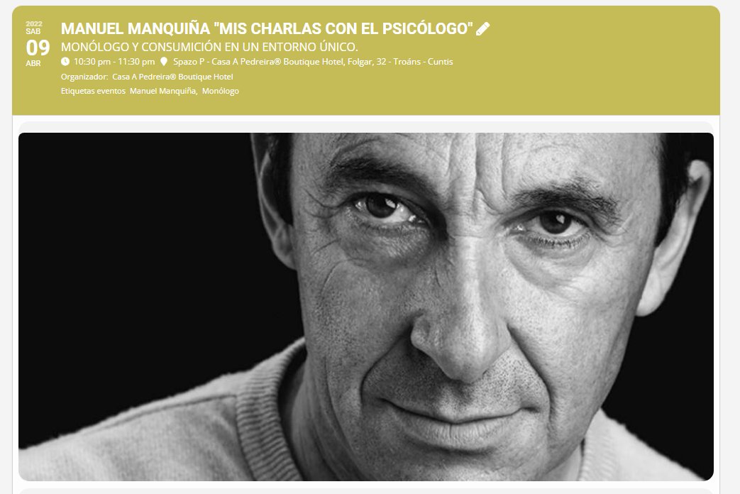 En <a href="/casapedreira/">Casa A Pedreira</a> el próximo sábado 9 de Abril a las 22:30 horas tienes una cita que no te puedes perder. Manuel Manquiña nos deleitará con un monólogo «Mis charlas con el psicólogo» que será del agrado de todos. 
🎟️ apedreira.com/.../manuel-man…