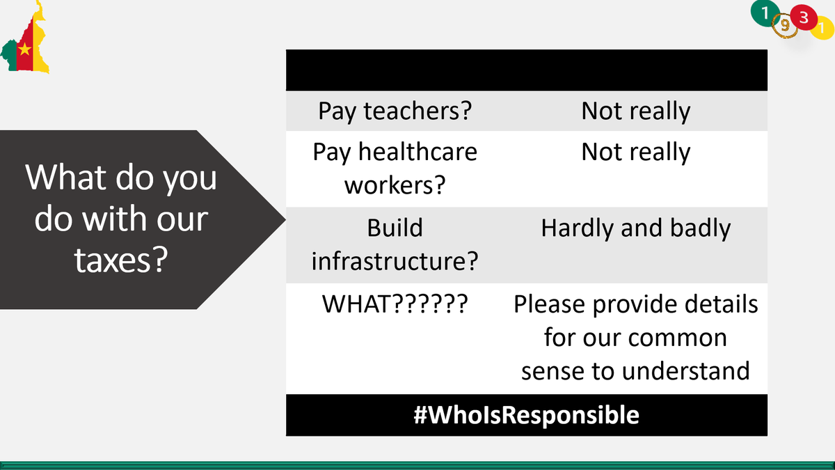 1931_cameroon's tweet photo. Our country is going backwards, guess #WhoIsResponsible

We are tired! We can't take it any longer! 

You keep creating taxes, tell us what you do with our money!

#EndMobileMoneyTax
#OTS 
#CraieMorte
#WhoIsResponsible https://t.co/d2Q81Wqrb9