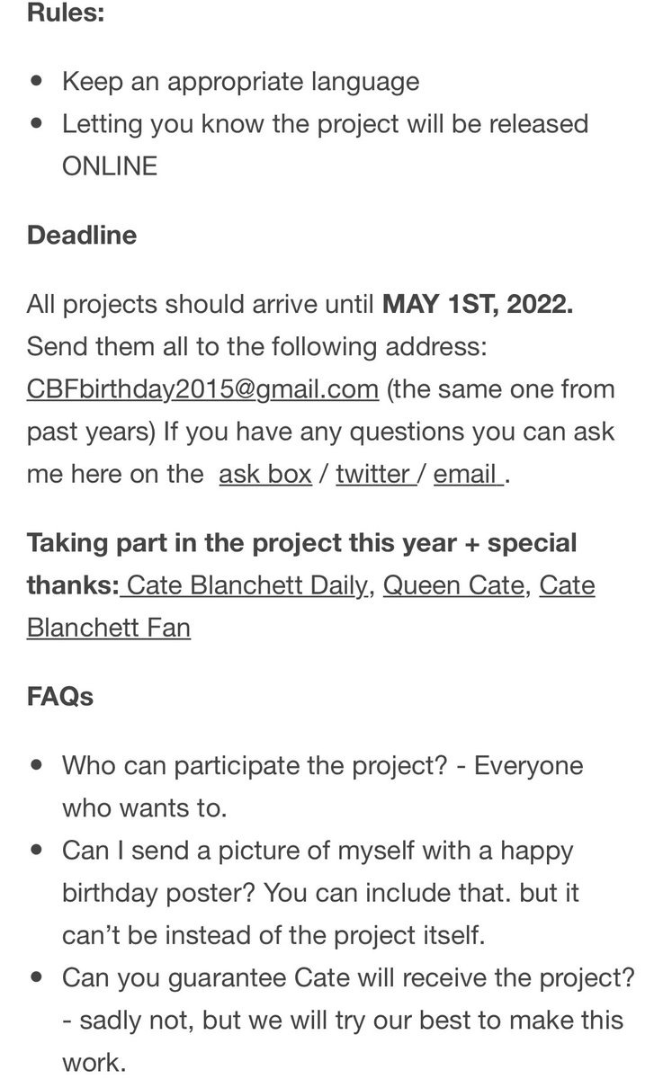 Catelandishere's tweet photo. Please welcome the 8th(!!!) Cate Blanchett Birthday Project!

The deadline for sending your parts is May 1st, 2022.

PLEASE RETWEET SO MORE FANS WILL BE AWARE OF OUR PROJECT

#cbbp #cbbp22 https://t.co/Sqr6smBos6